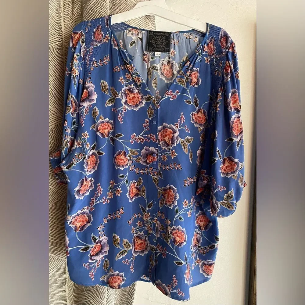 Johnny Was Jade Raine Easy Blouse Silk Blue Floral Puff Sleeve Top Sz S